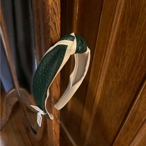 Green & Cream Leather Knotted Headband; NWT
